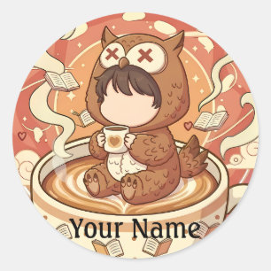 Adesivo de café de coruja com nome personalizado p