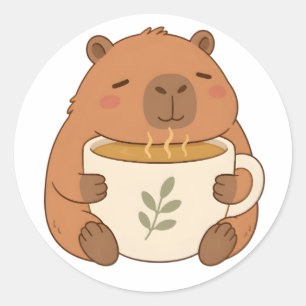 Adesivo de Capivara Fofa Abraçando Xícara de Café