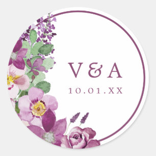 Adesivo de casamento com monograma roxo