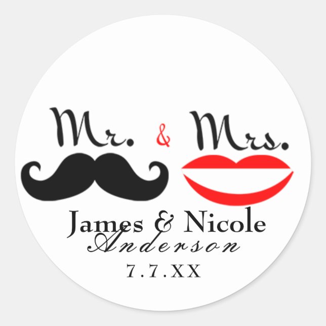 Adesivo de casamento de bigode retrô Sr. e Sra. Lá (Frente)