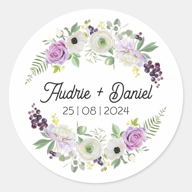 Adesivo de casamento de flores rústicas violeta e  (Frente)