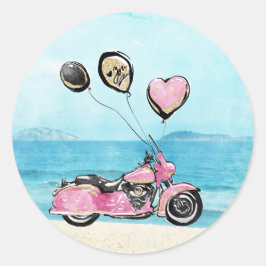 Adesivo de casamento de moto cor-de-rosa na praia