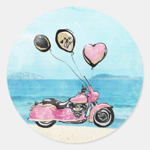 Adesivo de casamento de moto rosa na praia