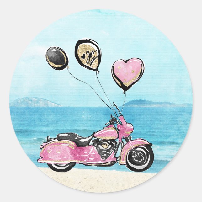 Adesivo de casamento de moto rosa na praia (Frente)