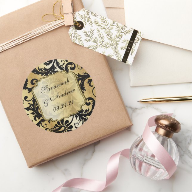 Adesivo de casamento em damasco preto e dourado (Presentear)