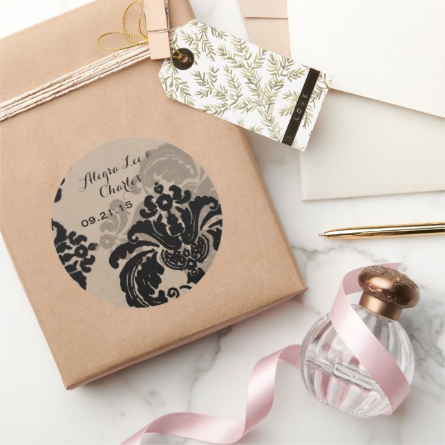 Adesivo de casamento em papel marrom com damasco p (Presentear)