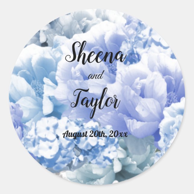Adesivo de casamento floral azul monocromático (Frente)