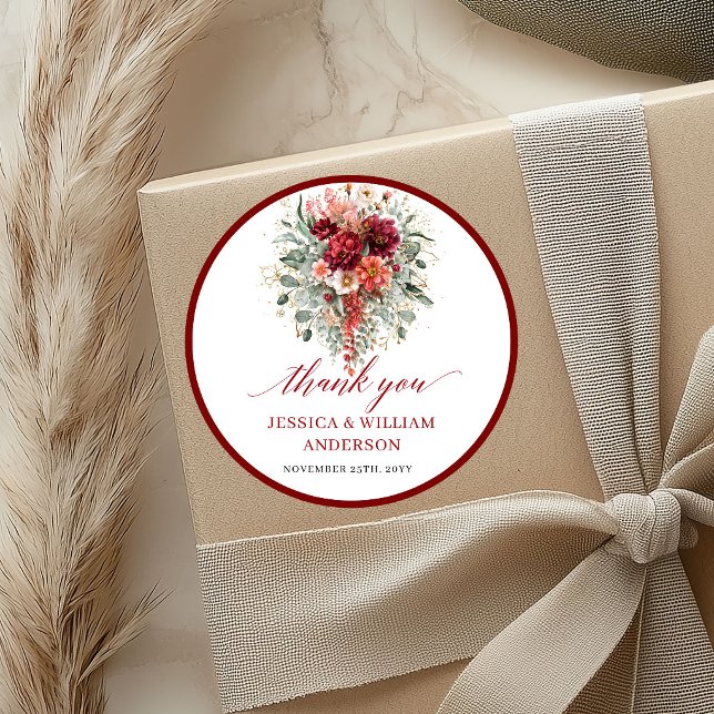 Adesivo de Casamento Floral Outono Rústico Marrom (Rustic Maroon Autumn Floral Wedding Sticker

)