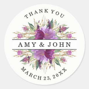 Adesivo de casamento floral roxo aquarela moderna