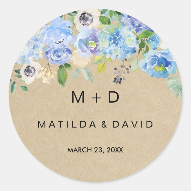 Adesivo de casamento floral rústico azul (Frente)
