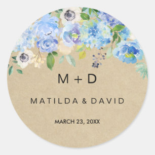 Adesivo de casamento floral rústico azul