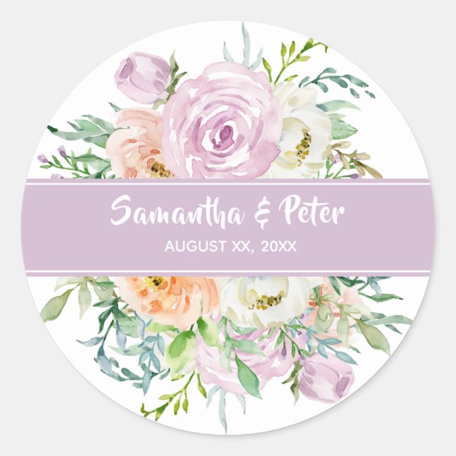 Adesivo de casamento redondo de flores de verão (Frente)