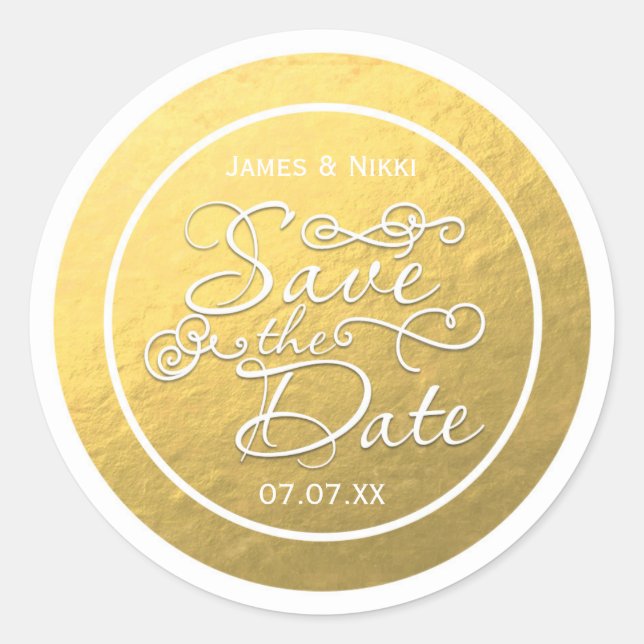 Adesivo de casamento SAVE THE DATE com folha doura (Frente)