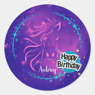 Adesivo de Cavalo Galáxia Feliz Aniversário Roxo C