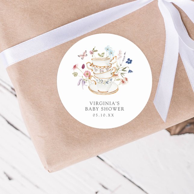 Adesivo de Chá de Bebê no estilo Tea Party (Watercolor Wildflower Tea Party Baby Shower Sticker by Painted Paperie)