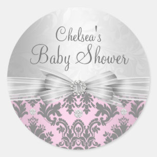 Adesivo de Chá de Bebê Rosa e Prata Damask