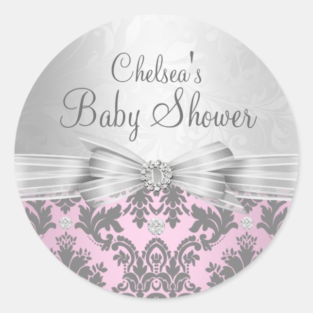 Adesivo de Chá de Bebê Rosa e Prata Damask (Frente)