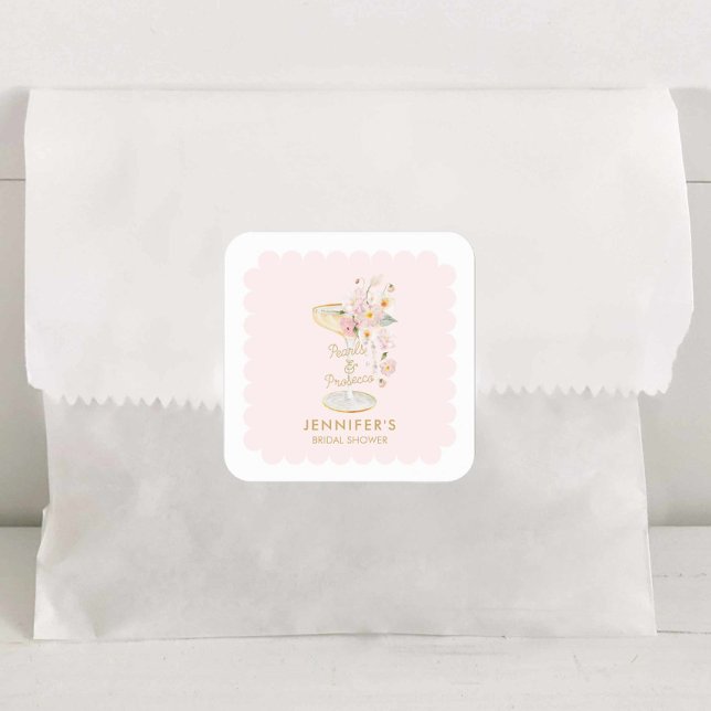 Adesivo de Chá de Noiva Pérolas Elegantes e Prosec (Pink Pearls and Prosecco Favor Sticker)