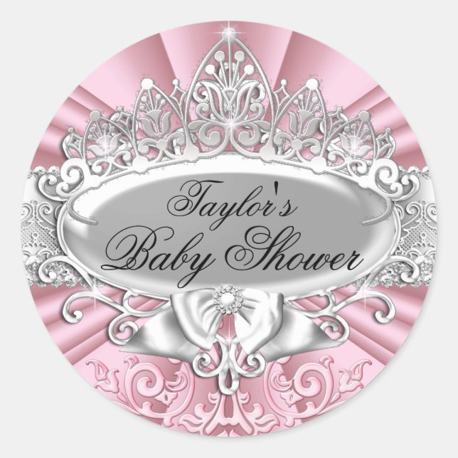 Adesivo de Chás de Bebê Pink Tiara & Damask (Frente)