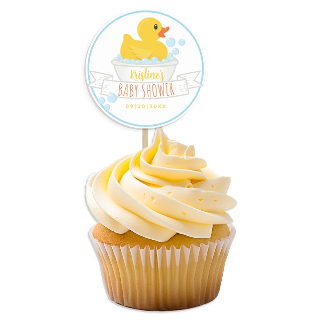Adesivo de Chuveirinho de Bebê | Banho de Bolhas A (blue and yellow rubber ducky cupcake topper baby shower party favor)