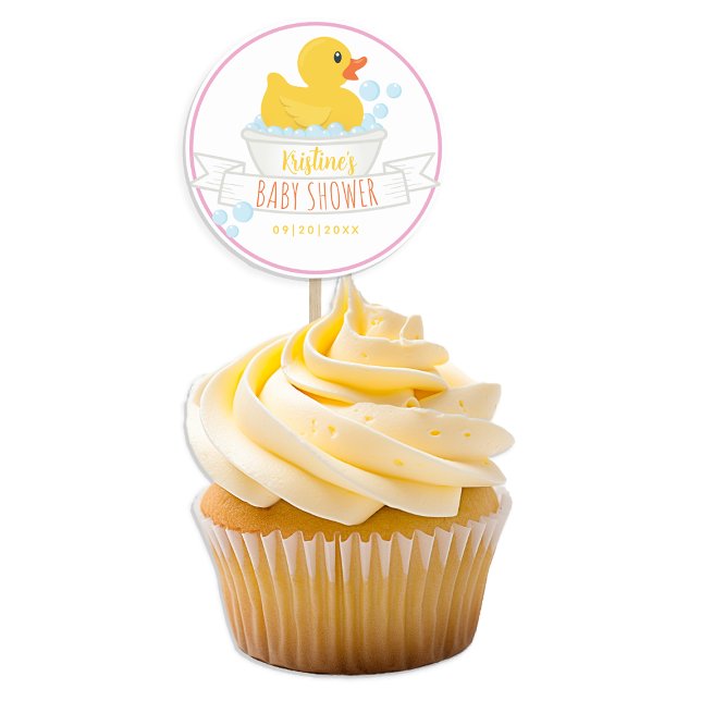 Adesivo de Chuveirinho de Bebê em Banho de Espuma  (pink rubber duck baby shower party favor - sticker)