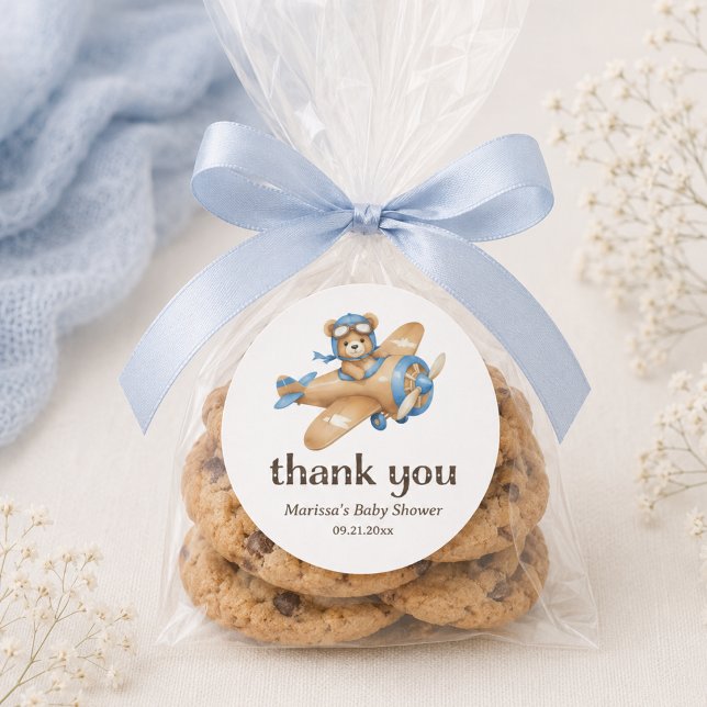 Adesivo de Chuveiro de Bebê Menino Piloto Urso de  (cute elegant personalized thank you sticker for teddy bear pilot baby boy shower)