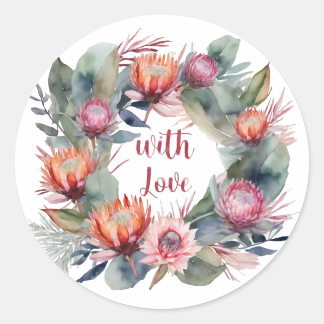 Adesivo de Círculo de Coroa de Protea em Aquarela (Frente)