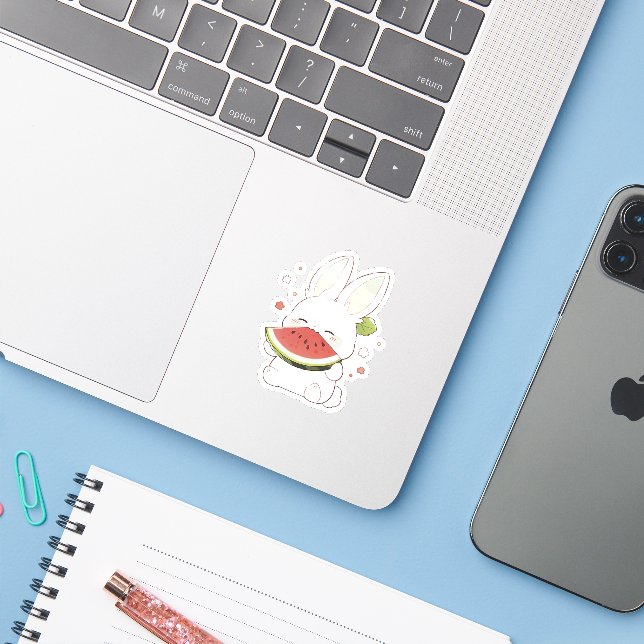 Adesivo de Coelho Branco Fofo Comendo Melancia (Notebook com iPhone)