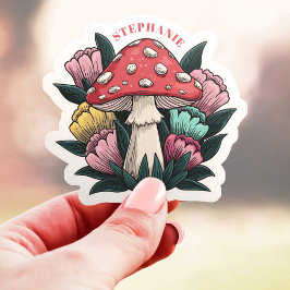 Adesivo de Cogumelo e Flores com Nome Personalizad