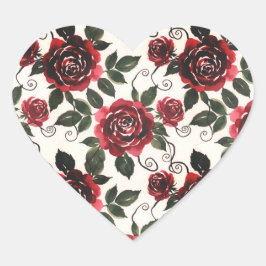 Adesivo de Coração Floral de Rosas Vermelhas Escur