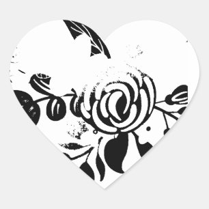 Adesivo de Coração Floral Desbotado Preto e Branco
