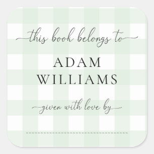 Adesivo de etiqueta de livro em gingham verde ment
