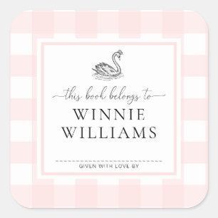 Adesivo de etiqueta de livro Swan Gingham Rosa