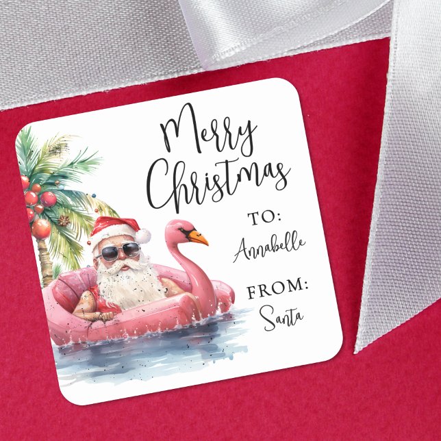 Adesivo de etiqueta de presente de Natal da Praia  (Santa Beach Christmas Gift Tag Sticker)