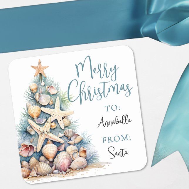 Adesivo de Etiqueta de Presente de Natal de Praia (Beach Christmas Gift Tag Sticker)