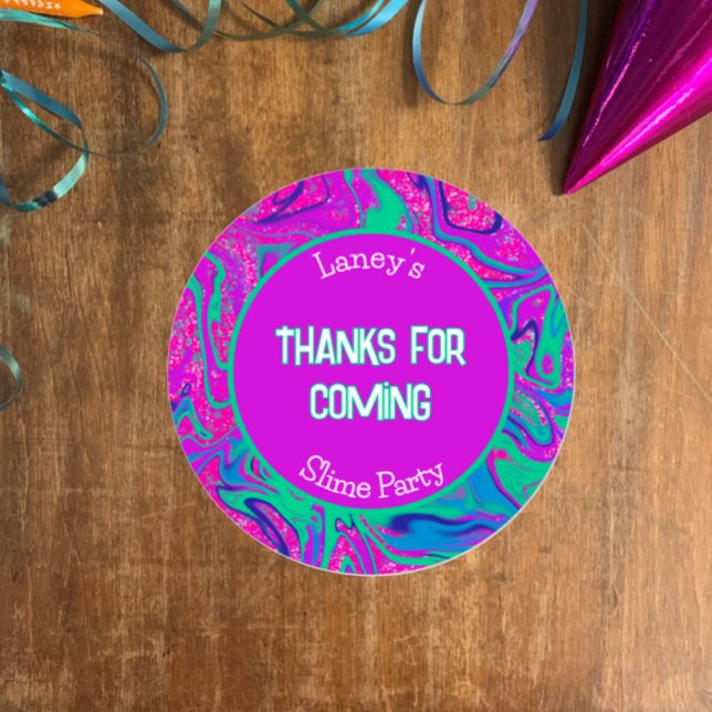 Adesivo de Favor de Agradecimento para Festa de An (Customize this template for party favor thank you gifts. Bright groovy purple n aqua slime party
)
