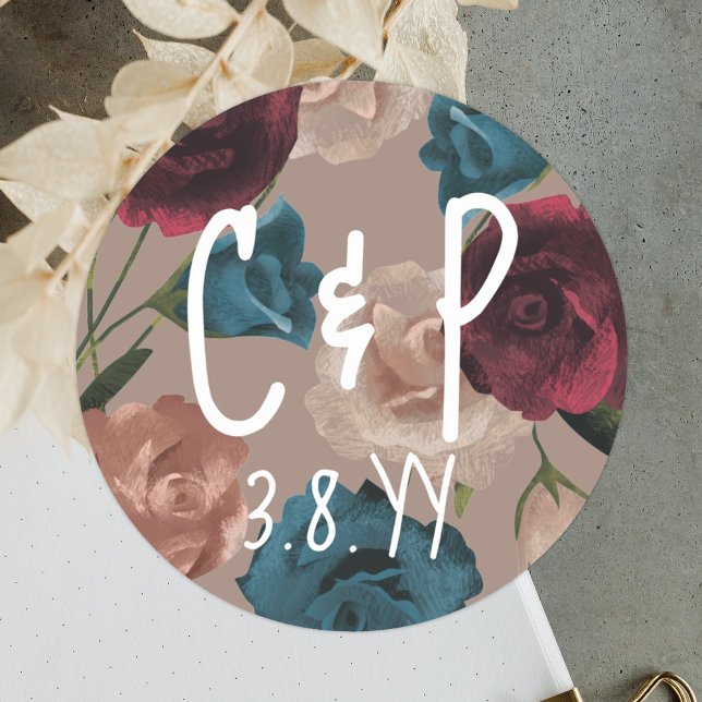 Adesivo de Favor de Casamento Verde Turquesa e Bor (Wedding Sticker Couple's Initials Date, Botanical Beige Burgundy Teal Roses Monogram Envelope Seal)