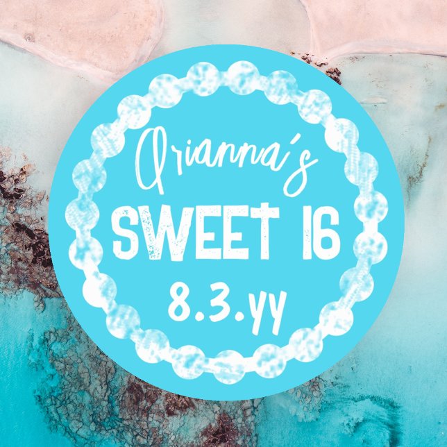 Adesivo de Favor de Festa Turquesa Sweet 16 (Turquoise white round border sweet 16 stickers, sweet sixteen party favor stickers )