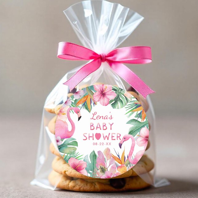 Adesivo de Favor para Chá de Bebê do Flamingo Trop (Flamingo Baby Shower Favor Sticker)