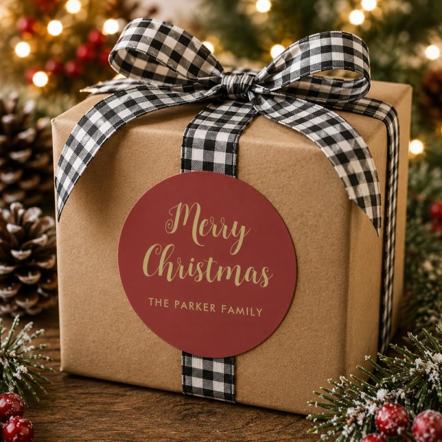 Adesivo de Feliz Natal | Rótulo de Falso Ouro em L (Merry Christmas Sticker | Faux Gold Casual Script)