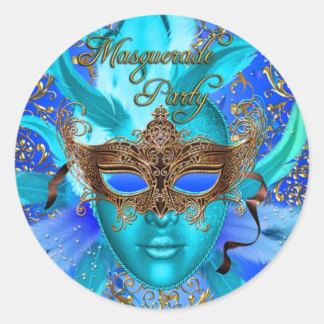 Adesivo de festa de máscaras azul e dourado Feathe (Frente)
