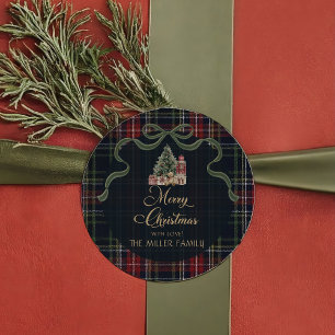 Adesivo de festa de Natal préppy de xadrez tartan