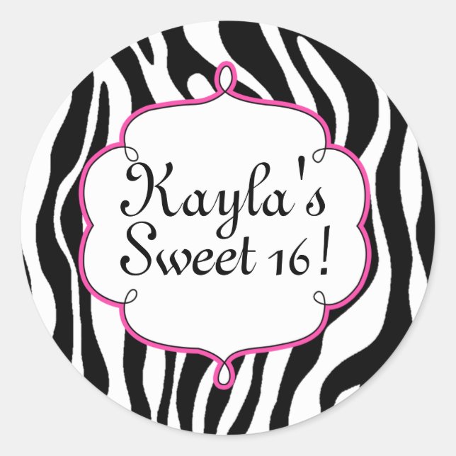 Adesivo de festa Sweet 16 com estampa de zebra Gla (Frente)