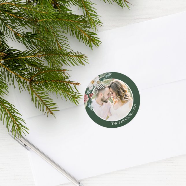 Adesivo de Foto Botânica do Natal Verde (Green Holiday Envelope Seal Merry Christmas Watercolor Floral Botanical Berries with Photo)