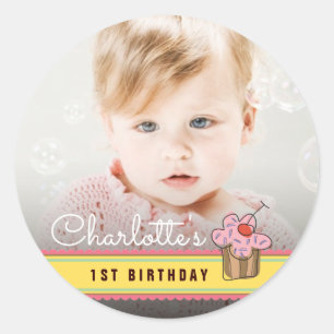 Adesivo de Foto de Aniversário de Cupcake Rosa Cer