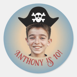 Adesivo de Foto de Aniversário Pirata Azul com Cha