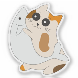 Adesivo de Gatinho Fofo; Gato com Peixe