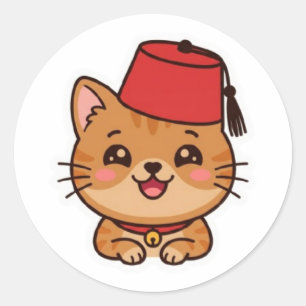 Adesivo de Gato com Chapéu Fez Marroquino Kawaii F