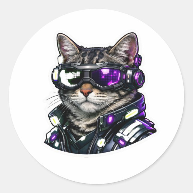 Adesivo de Gato Cyberpunk com Óculos de Neon (Frente)
