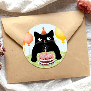 Adesivo de gato de aniversário com bolo